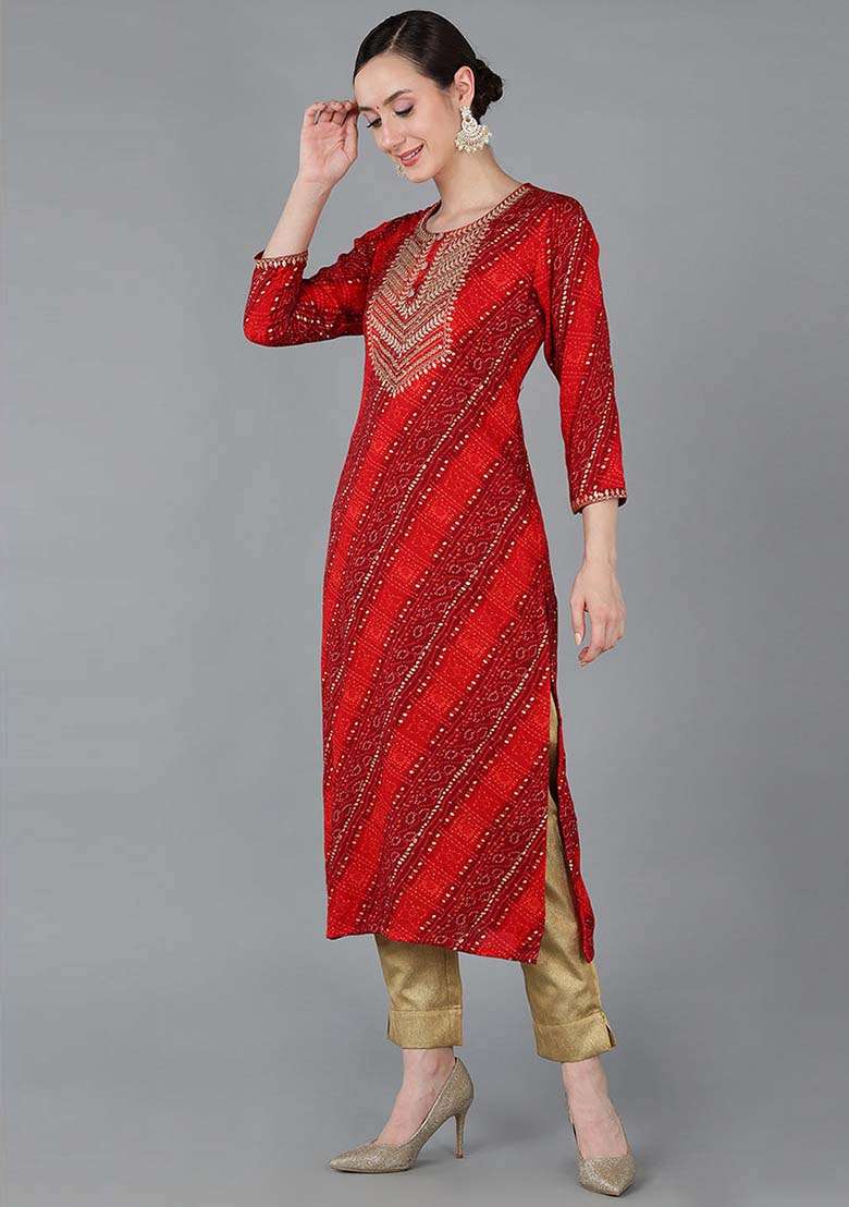 Red Bandhani Rayon Straight Kurta Set - Indya