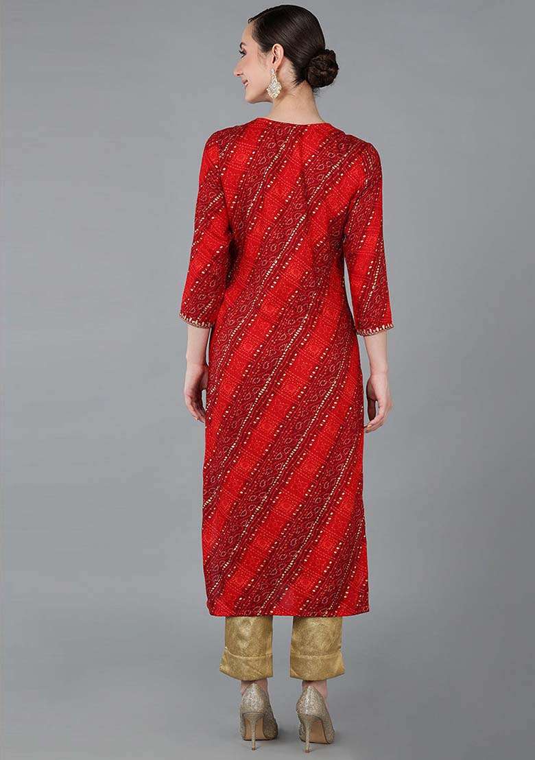 Red Bandhani Rayon Straight Kurta Set - Indya