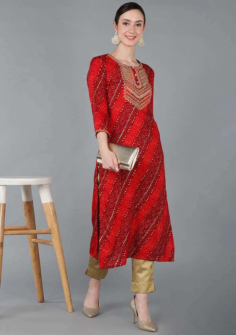 Red Bandhani Rayon Straight Kurta Set - Indya