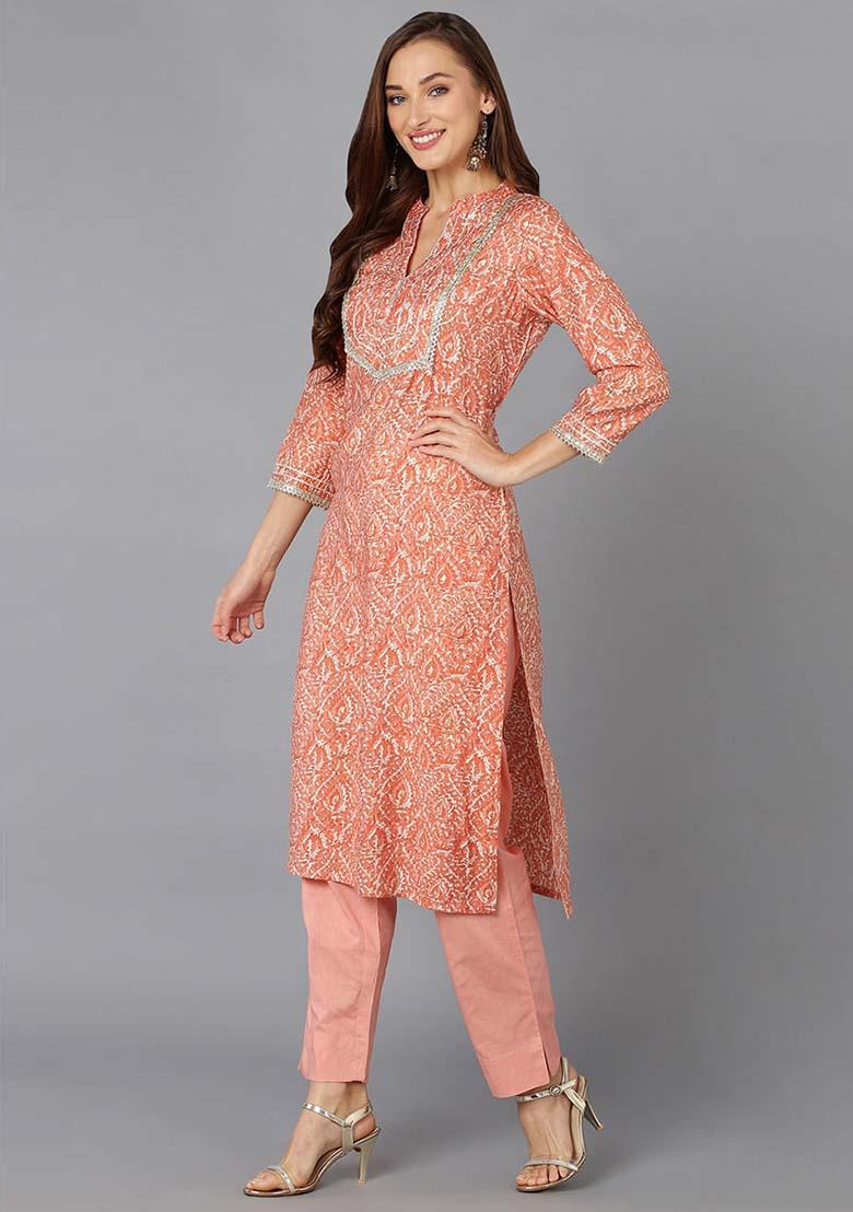 Peach Printed Chanderi Silk Kurta