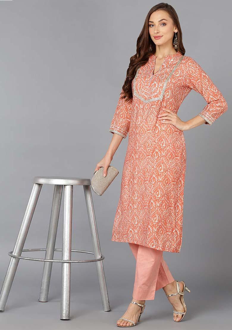 Peach Printed Chanderi Silk Kurta