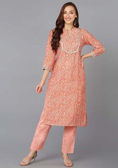 Peach Printed Chanderi Silk Kurta