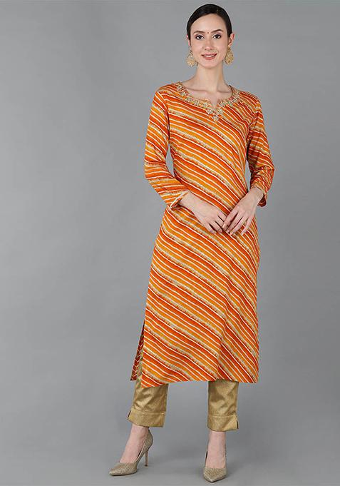 Orange Printed Chanderi Silk Kurta