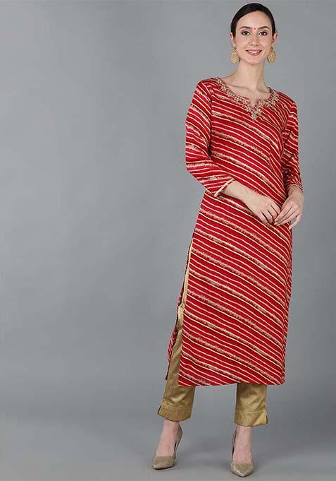 Red Printed Chanderi Silk Kurta