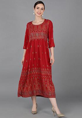 Red Printed Viscose Rayon Kurta