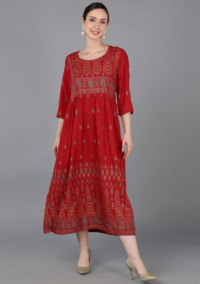 Red Printed Viscose Kurta - Indya