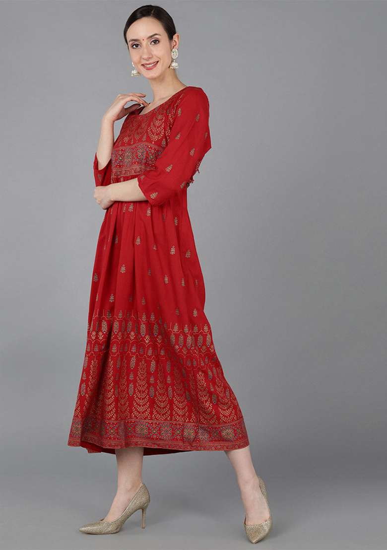 Red Printed Viscose Kurta - Indya