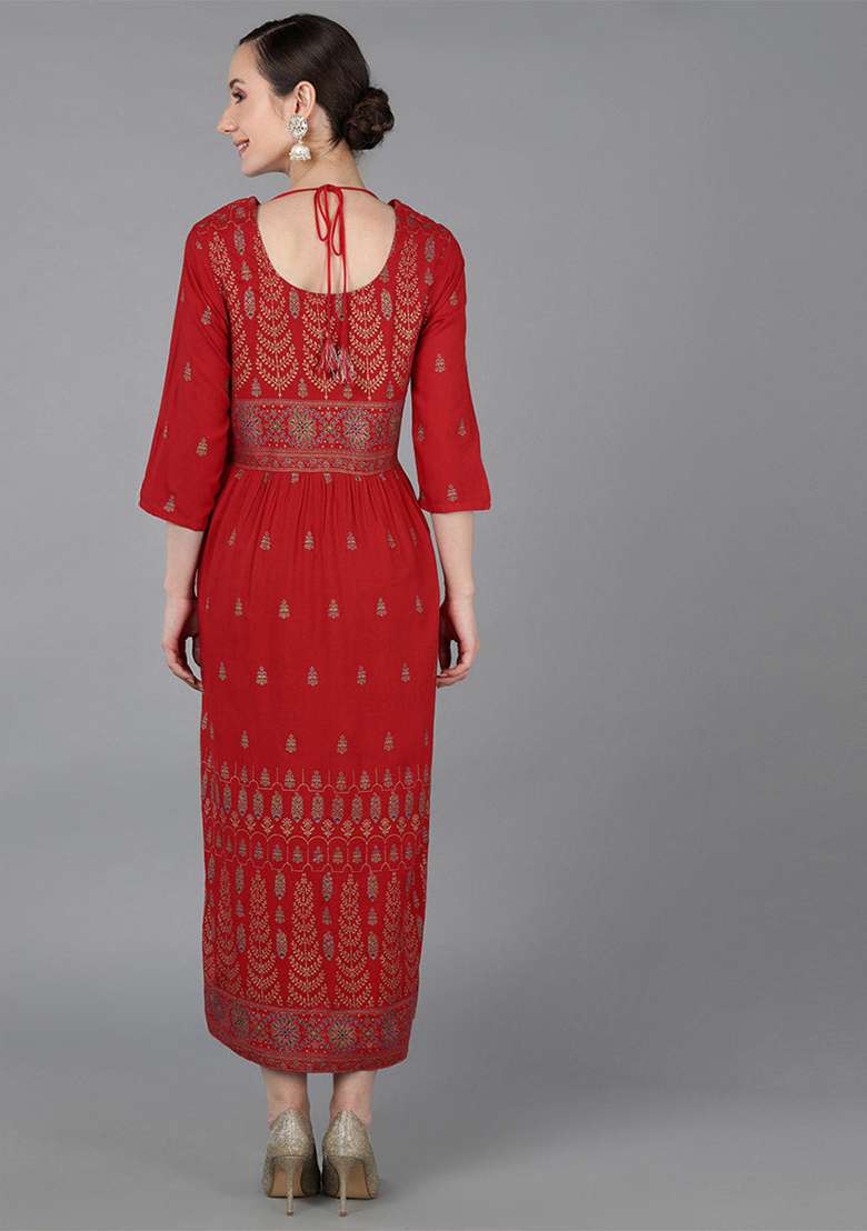 Red Printed Viscose Kurta - Indya