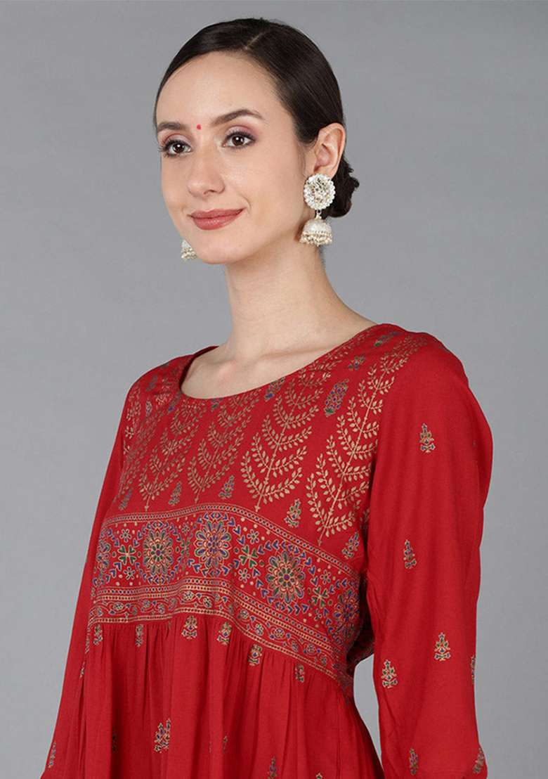 Red Printed Viscose Kurta - Indya