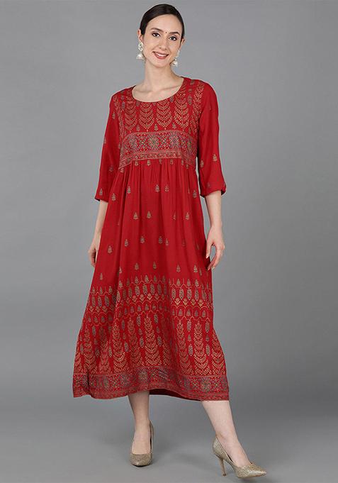 Red Printed Viscose Kurta