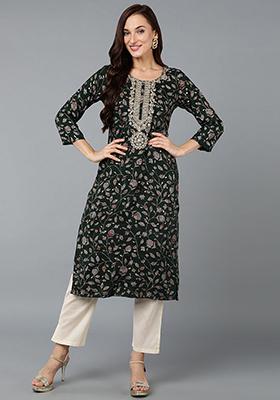 Green Printed Silk Blend Kurta