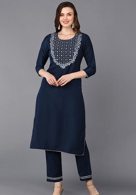 Navy Blue Embroidered Silk Blend Kurta