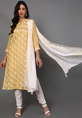 Yellow Printed Poly Silk Kurta Set