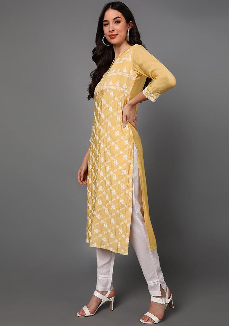 Yellow Printed Poly Silk Kurta Set