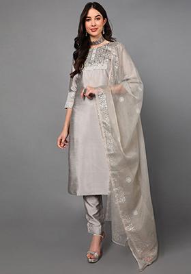 Grey Yoke Design Poly Silk Kurta Set