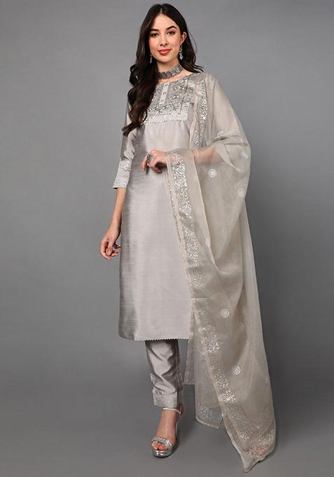 Grey Yoke Design Poly Silk Kurta Set