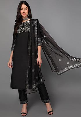 Black Yoke Design Poly Silk Kurta Set