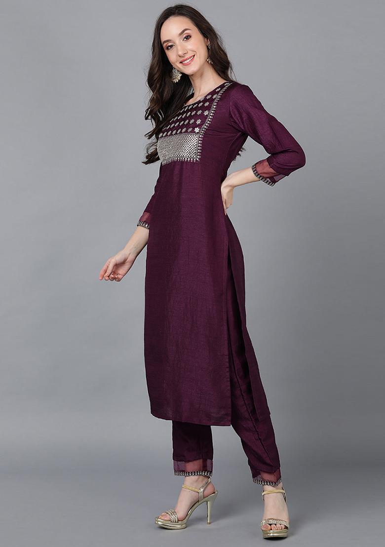 Purple Solid Poly Silk Kurta Set