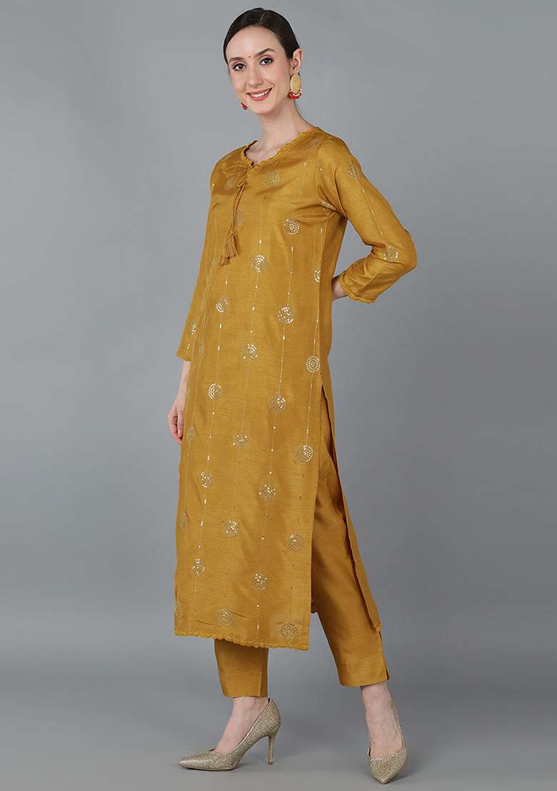 Mustard Embroidered Silk Blend Straight Kurta Set - Indya