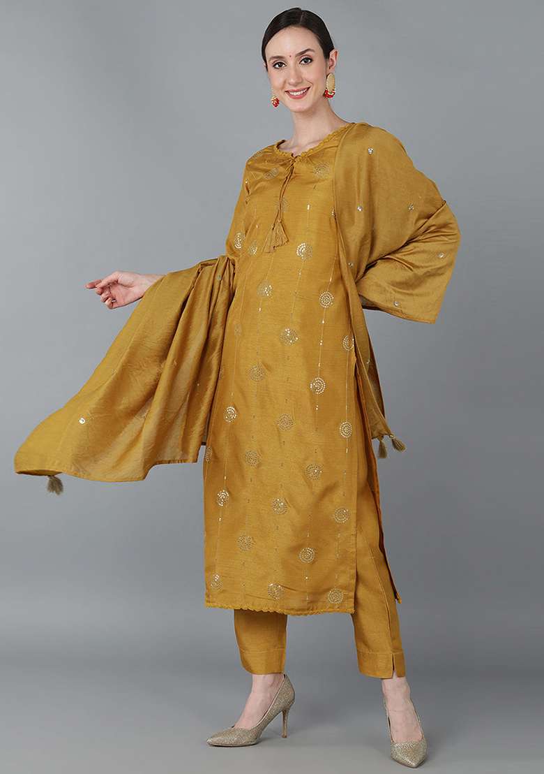 Mustard Embroidered Silk Blend Straight Kurta Set - Indya