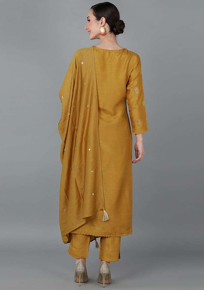 Mustard Embroidered Silk Blend Straight Kurta Set - Indya