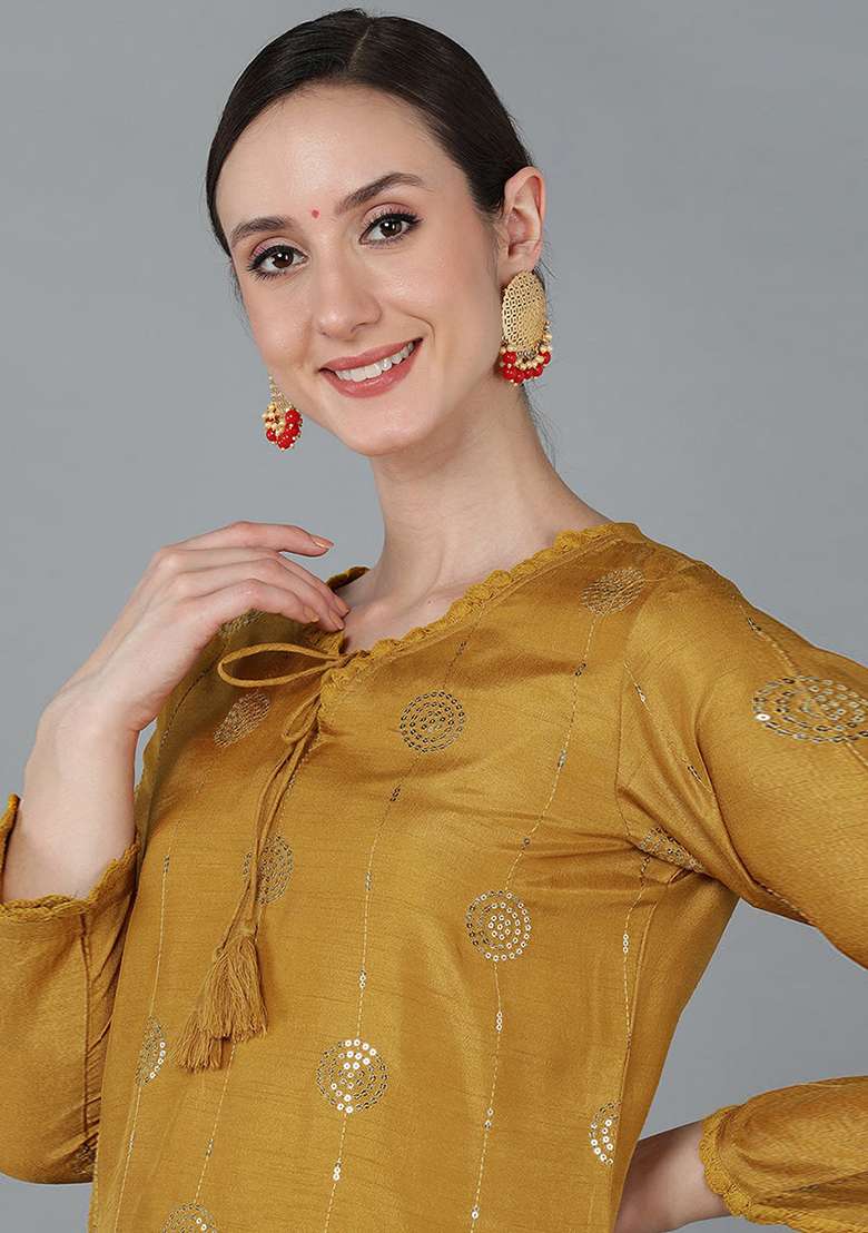 Mustard Embroidered Silk Blend Straight Kurta Set - Indya