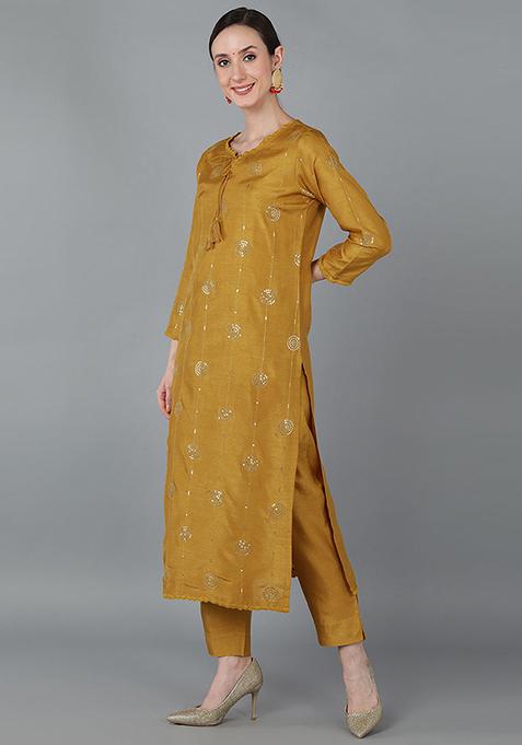 Mustard Printed Silk Blend Kurta Set