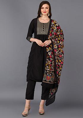 Black Solid Silk Blend Kurta Set