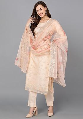 Peach Printed Organza Kurta Set