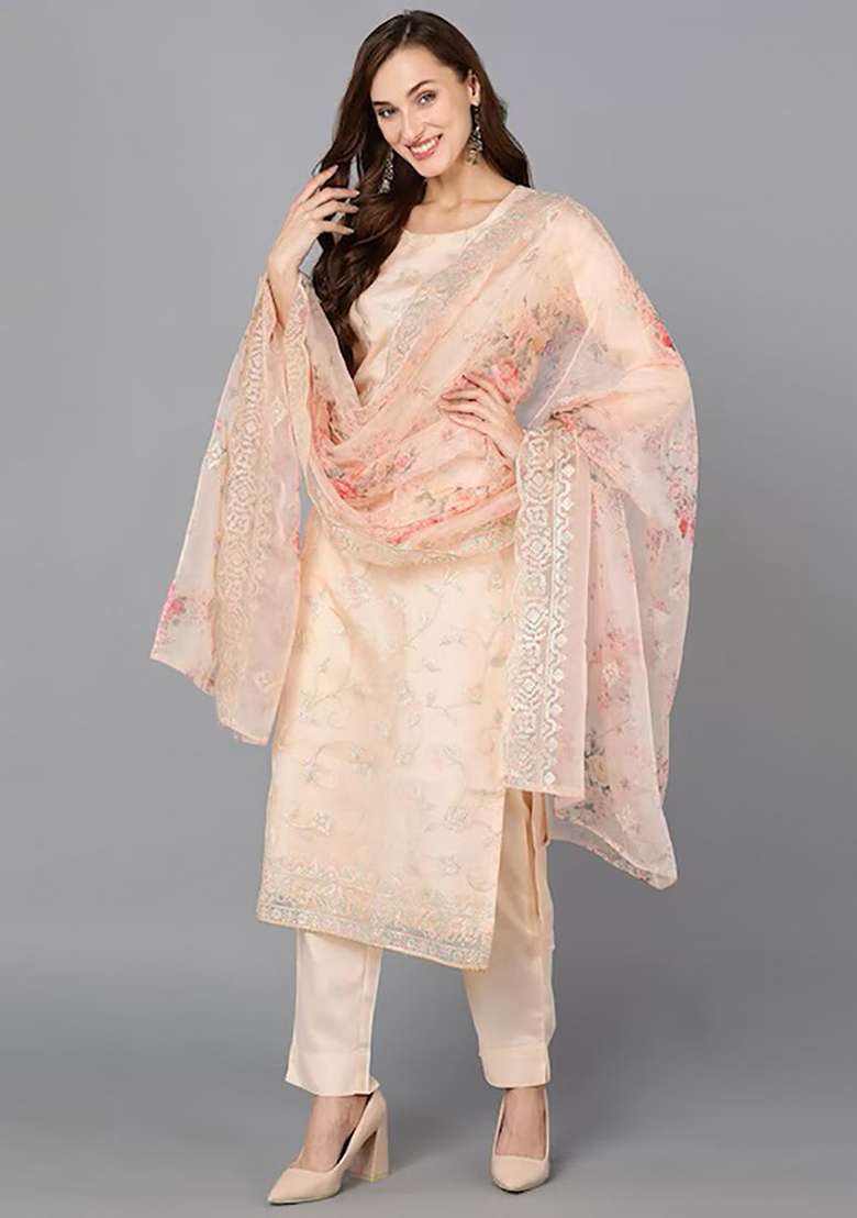 Peach Printed Organza Straight Kurta Set - Indya