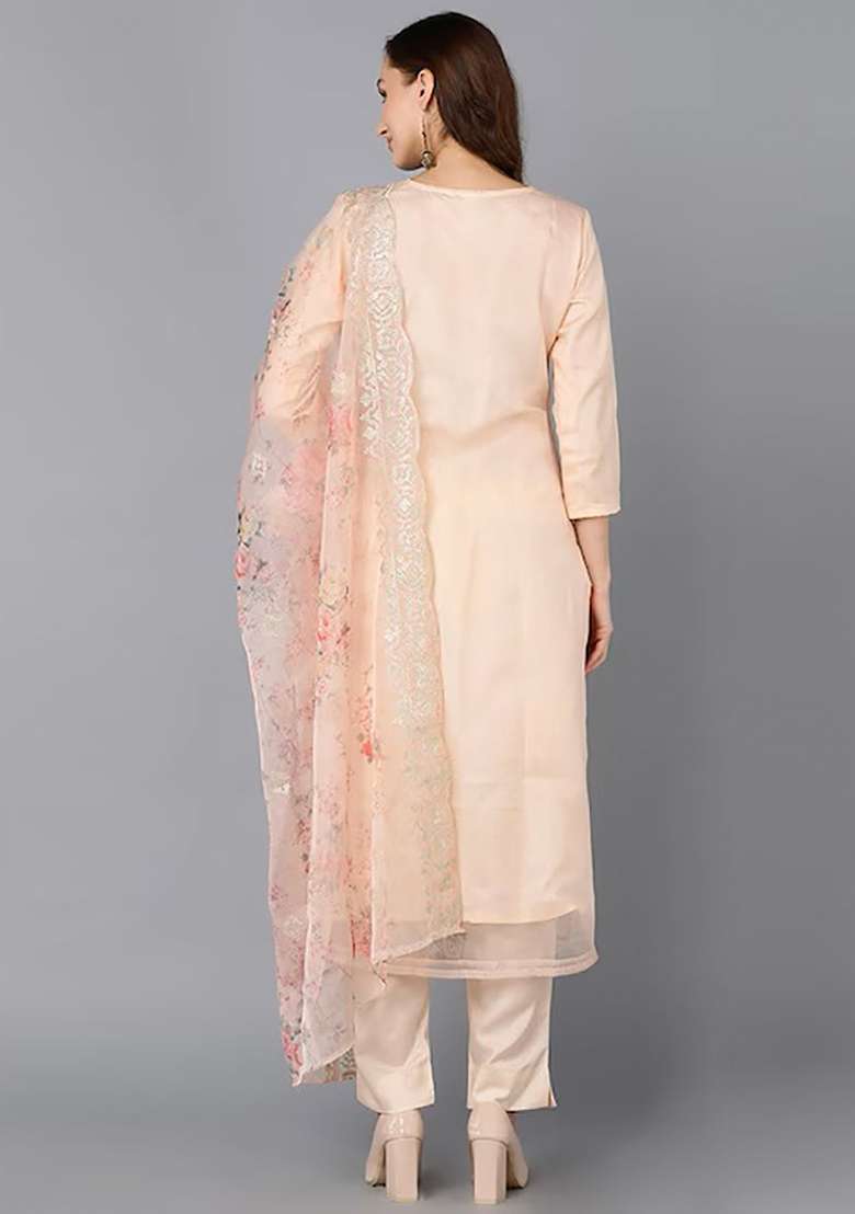 Peach Printed Organza Straight Kurta Set - Indya