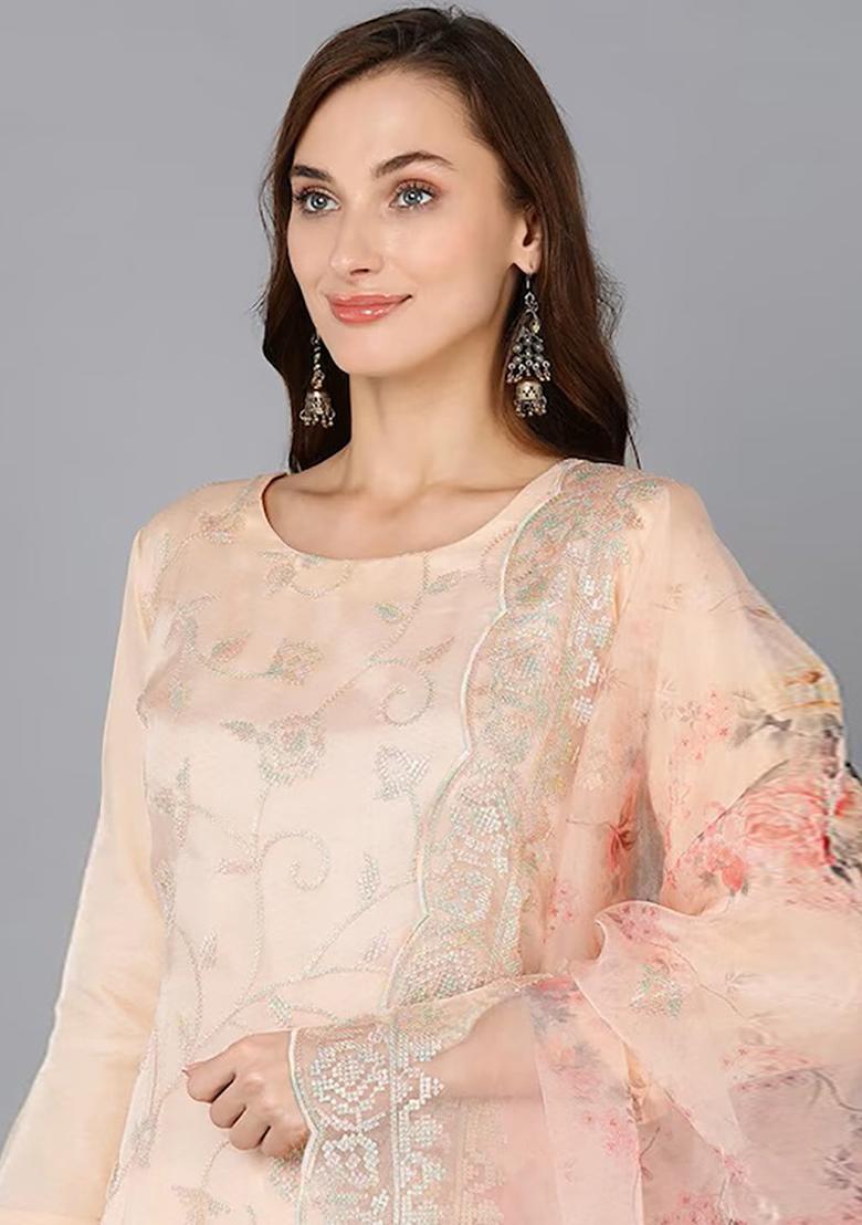 Peach Printed Organza Kurta Set