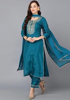 Teal Solid Silk Blend Kurta Set
