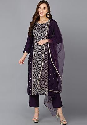 Purple Printed Silk Blend Kurta Set