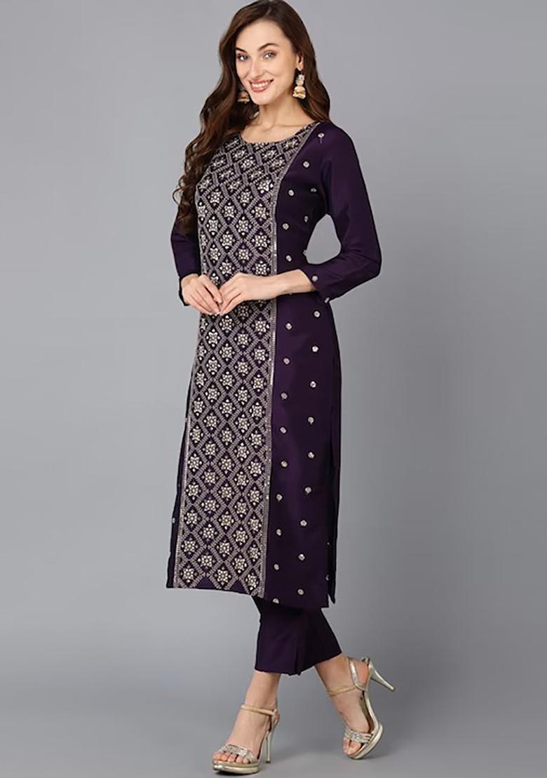 Purple Printed Silk Blend Kurta Set