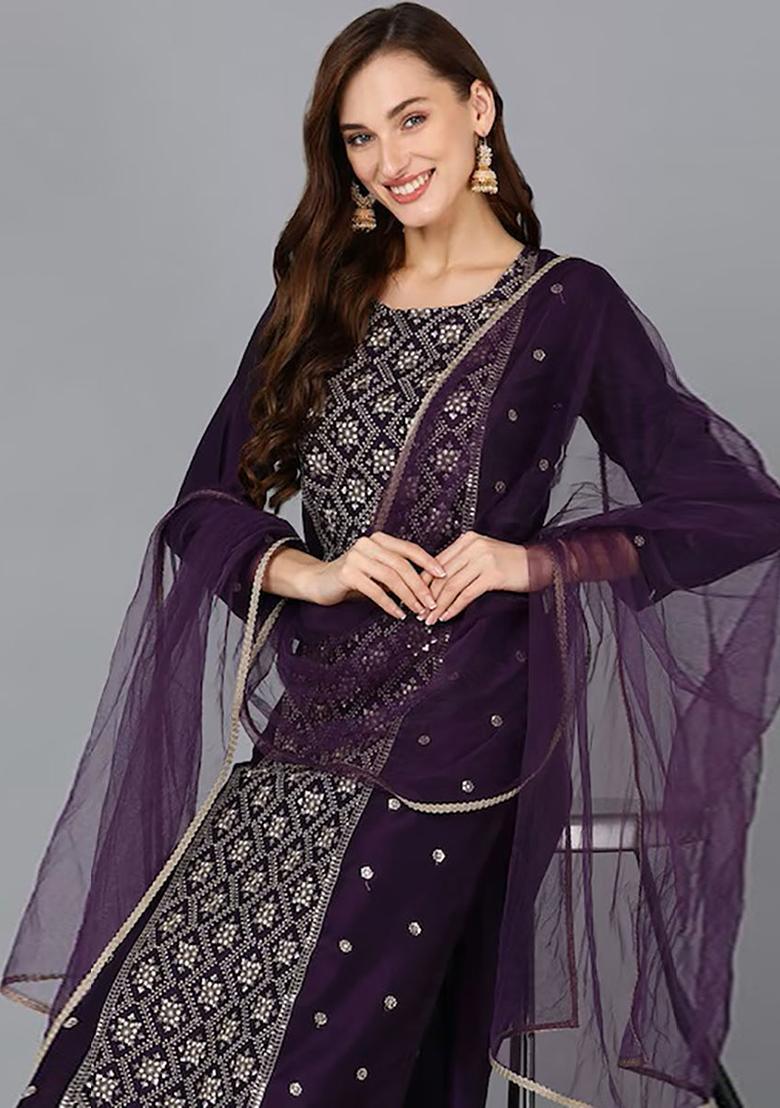 Purple Printed Silk Blend Kurta Set