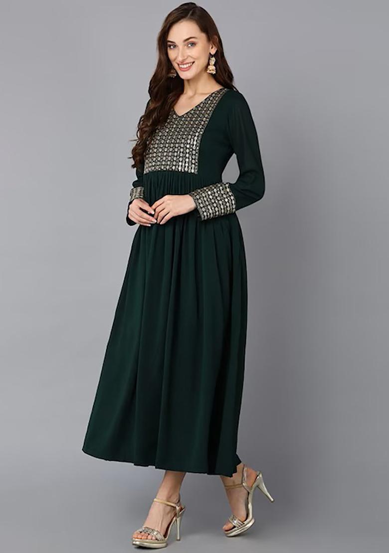 Green Solid Georgette Kurta Set