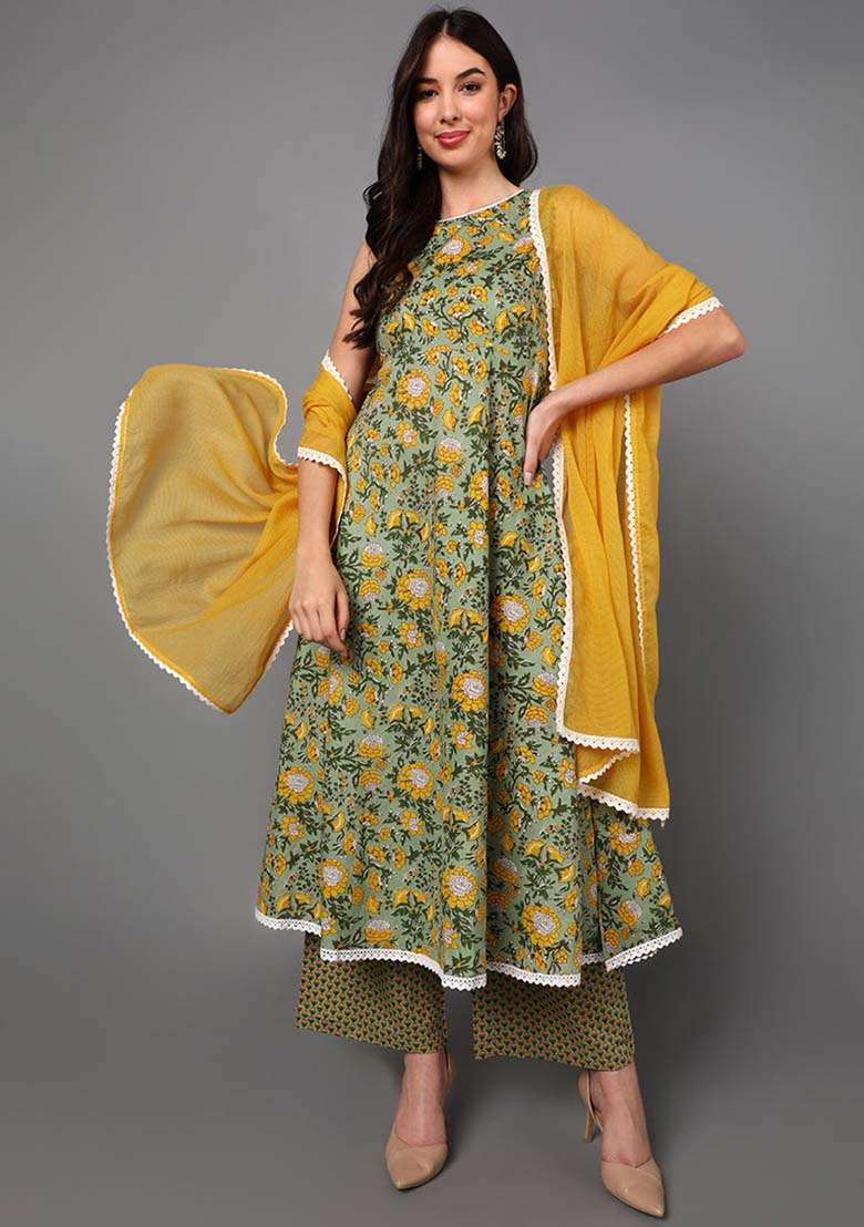 Green Floral Print Cotton A Line Kurta Set - Indya