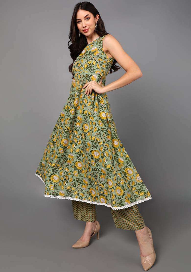 Green Floral Print Cotton A Line Kurta Set - Indya