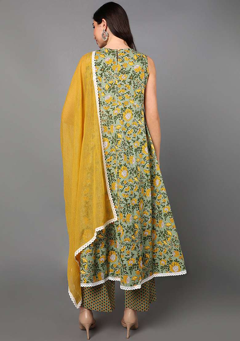 Green Floral Print Cotton A Line Kurta Set - Indya