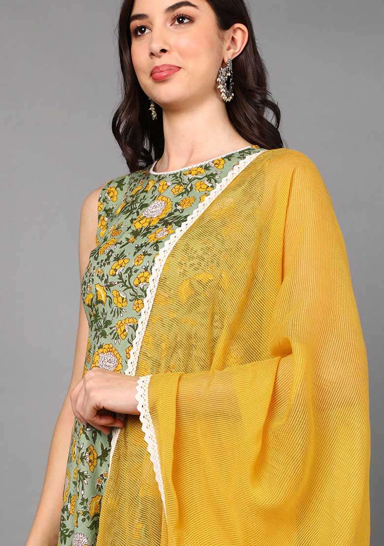 Green Floral Print Cotton A Line Kurta Set - Indya