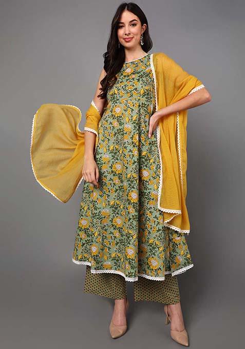 Green Printed Pure Cotton Kurta Set