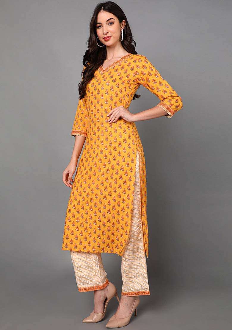 Yellow Printed Cotton Straight Kurta Set - Indya