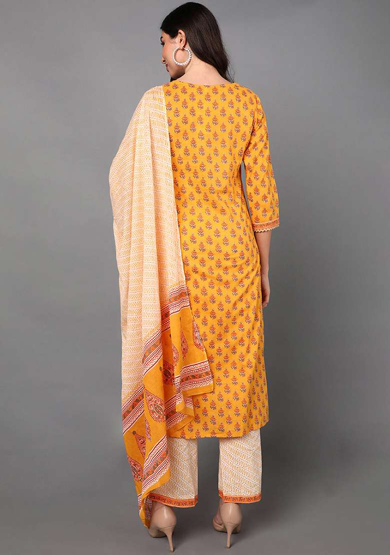 Yellow Printed Cotton Straight Kurta Set - Indya