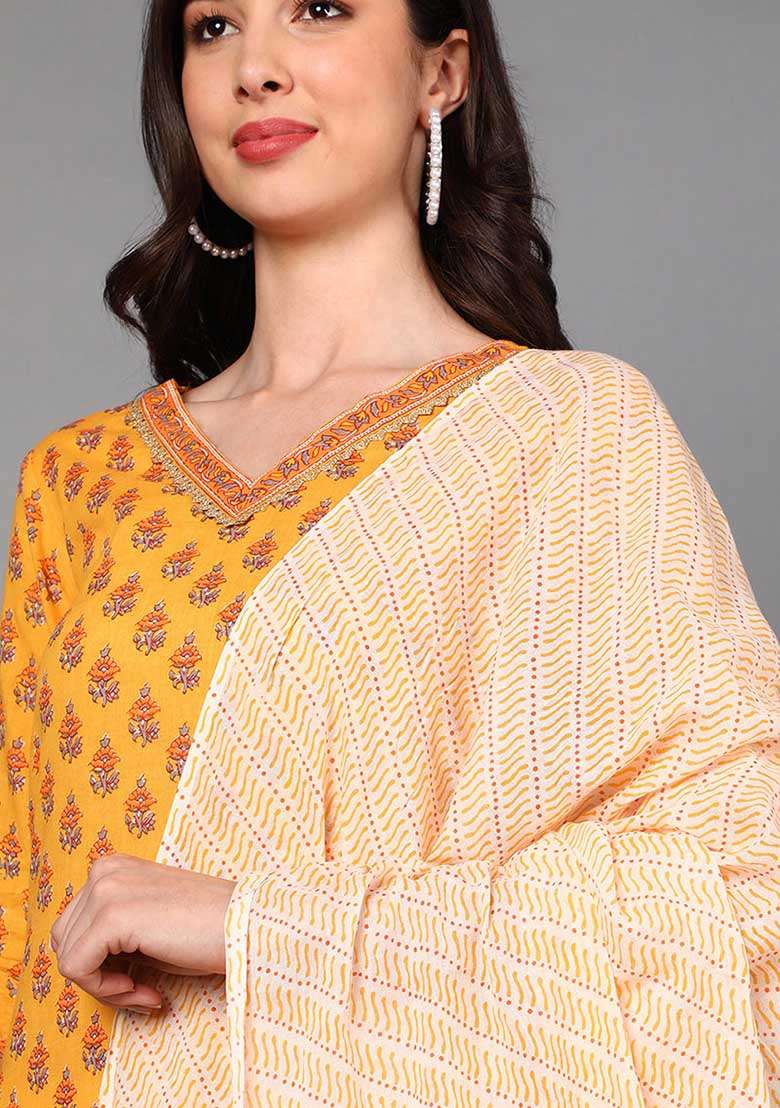Yellow Printed Cotton Straight Kurta Set - Indya