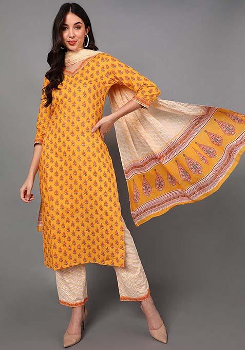 Yellow Printed Cotton Straight Kurta Set