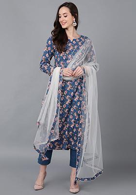 Blue Printed Rayon Blend Kurta Set