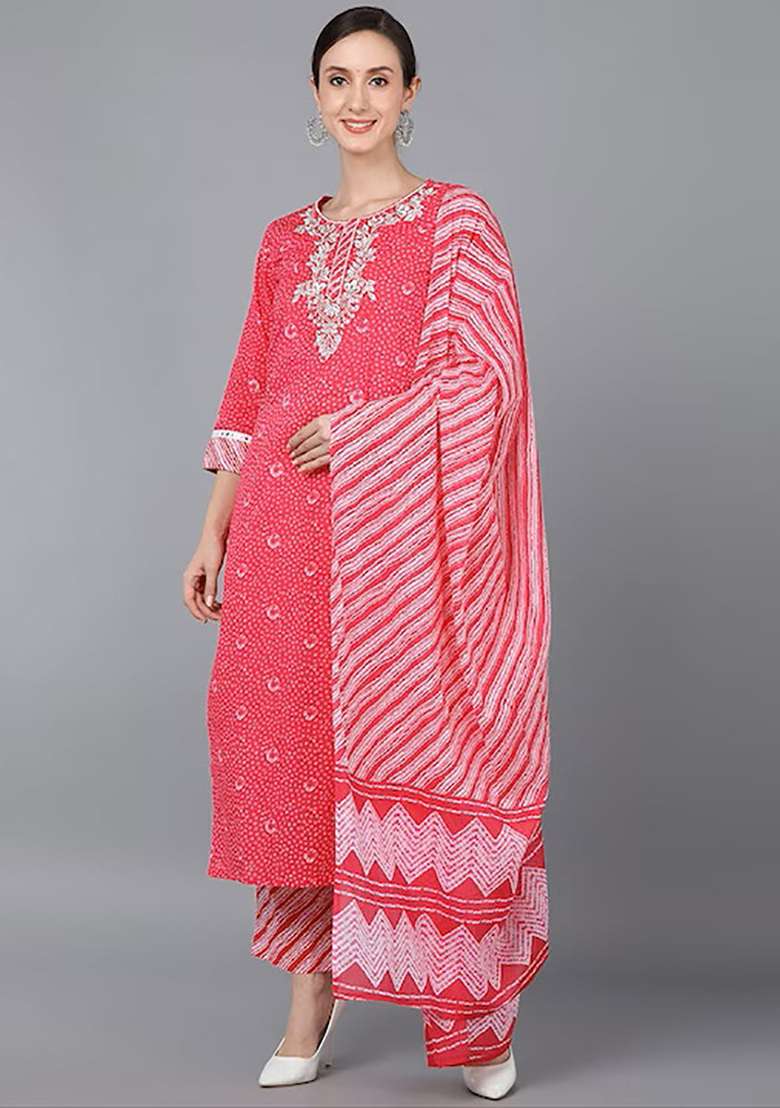 Pink Bandhani Cotton Straight Kurta Set - Indya
