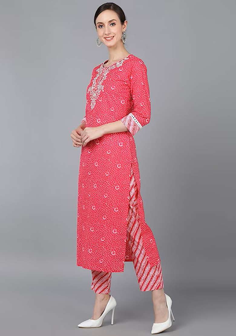 Pink Bandhani Cotton Straight Kurta Set - Indya