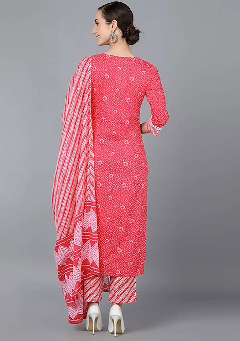 Pink Bandhani Cotton Straight Kurta Set - Indya